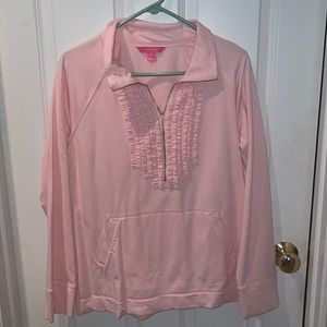 lilly pulitzer light pink quarter zip ruffle detail popover